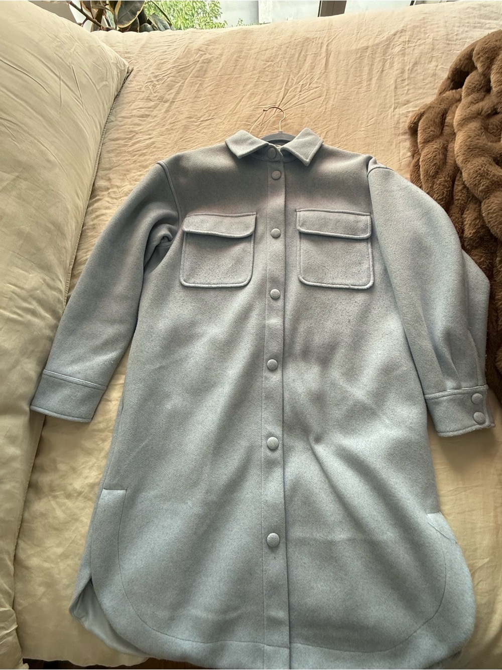 CALIA by Carrie Underwood Light Blue Wool-Blend Trench Shacket